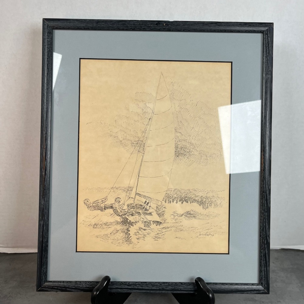 Vintage Jim Hull Signed Sailboat Ink Drawing 1979 Framed Nautical Maritime Art